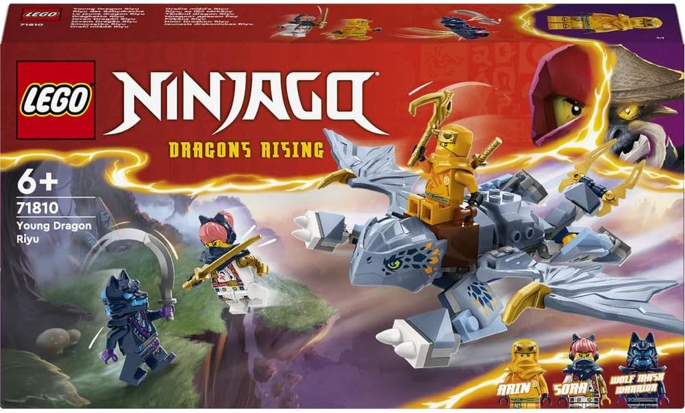 LEGO NINJAGO Young Dragon Riyu Toy, Dragons Rising Playset for 6 Plus Year Old Boys, Girls & Kids, Includes 3 Ninja Character Minifigures with Sword Accessories for Independent Play, Gift Idea 71810