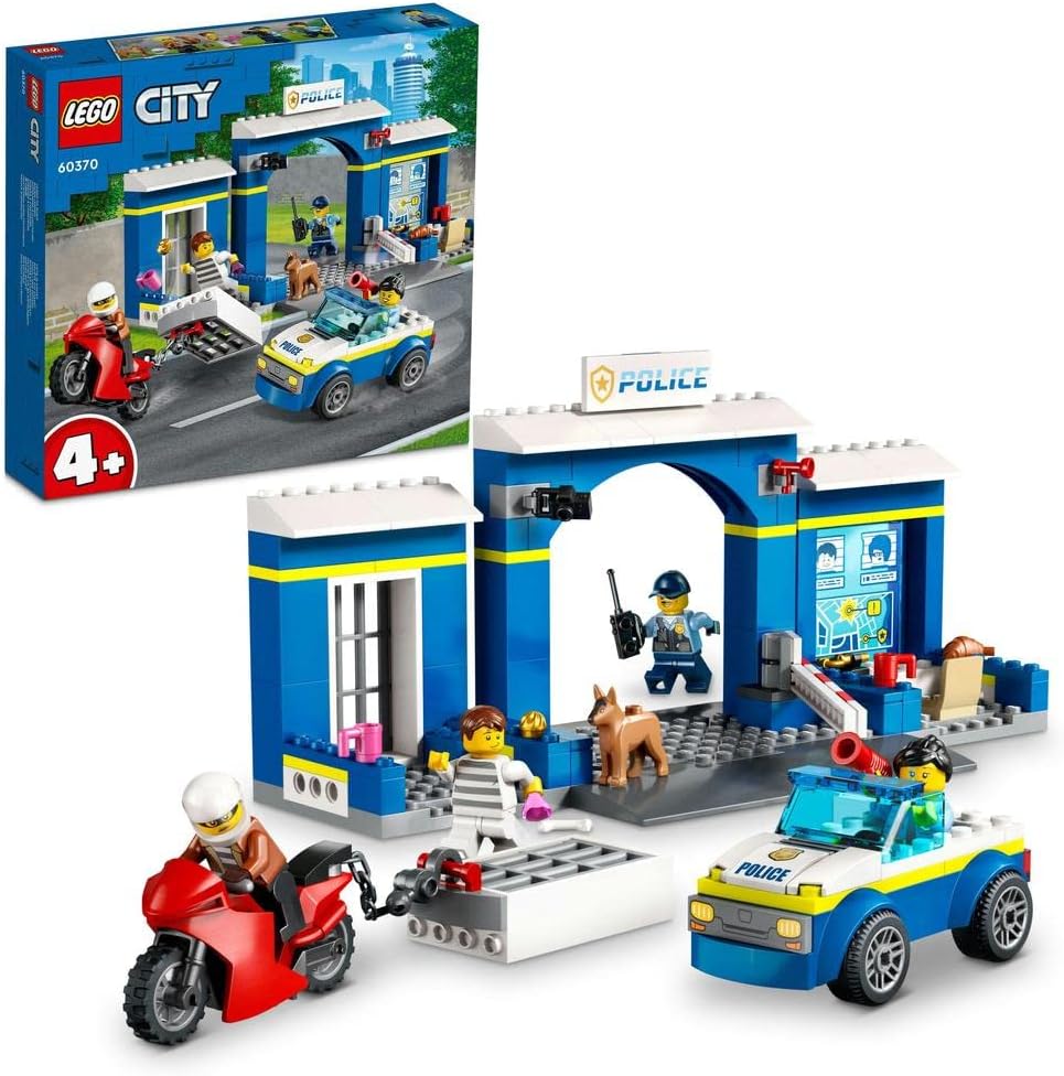 LEGO 60370 City Police Station Chase Playset with Car Toy and Motorbike, Breakout Jail, 4 Minifigures and Dog Figure, Toys for Kids, Boys & Girls 4 Plus Years Old