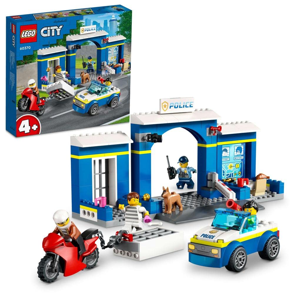 LEGO 60370 City Police Station Chase Playset with Car Toy and Motorbike, Breakout Jail, 4 Minifigures and Dog Figure, Toys for Kids, Boys & Girls 4 Plus Years Old