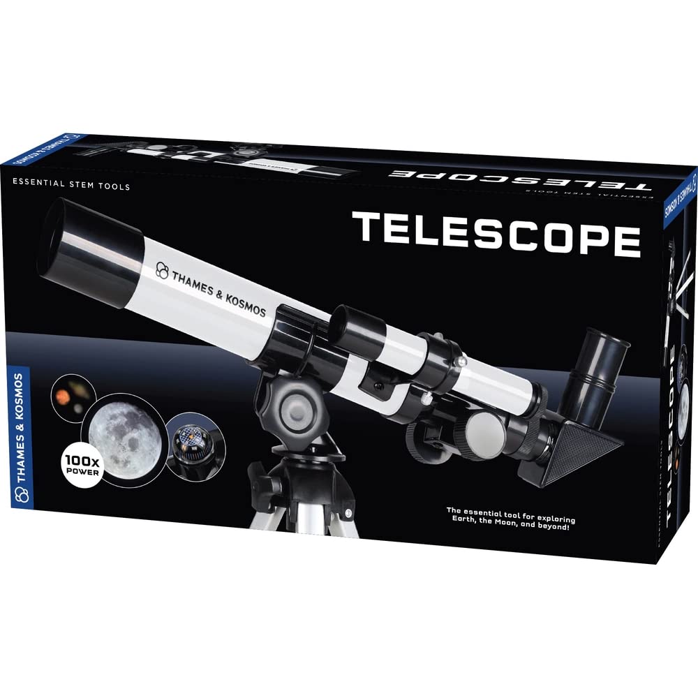 Thames & Kosmos The Telescope Essential STEM Tool | Childrens Refractor Telescope with 100x Magnification & Built-in Compass | Classic Scientific Device for Astronomical & Terrestrial Observations