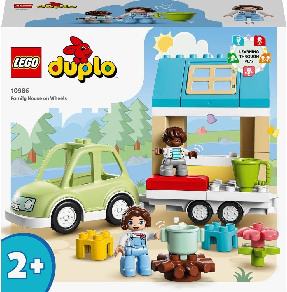 LEGO 10986 DUPLO Family House on Wheels with Toy Car for Toddlers 2 Plus Year Old Boys and Girls, Preschool Learning Toys, Large Bricks Camping Set