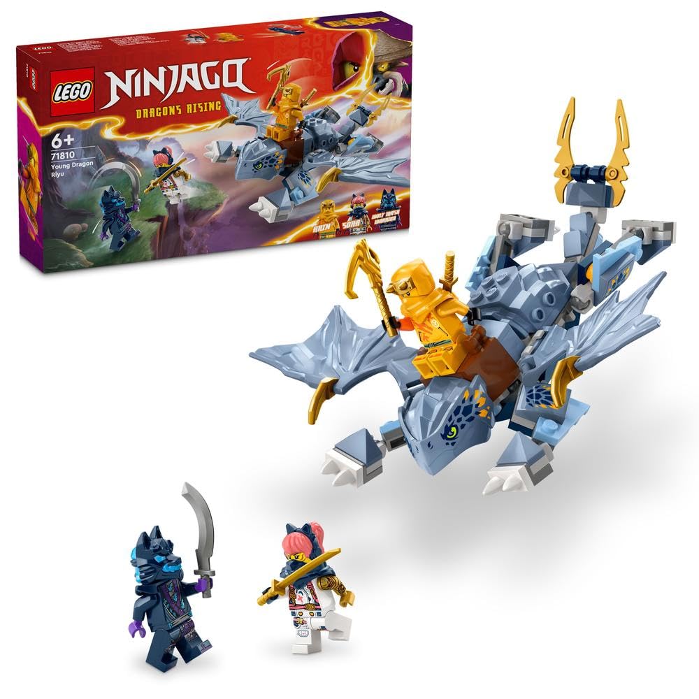 LEGO NINJAGO Young Dragon Riyu Toy, Dragons Rising Playset for 6 Plus Year Old Boys, Girls & Kids, Includes 3 Ninja Character Minifigures with Sword Accessories for Independent Play, Gift Idea 71810