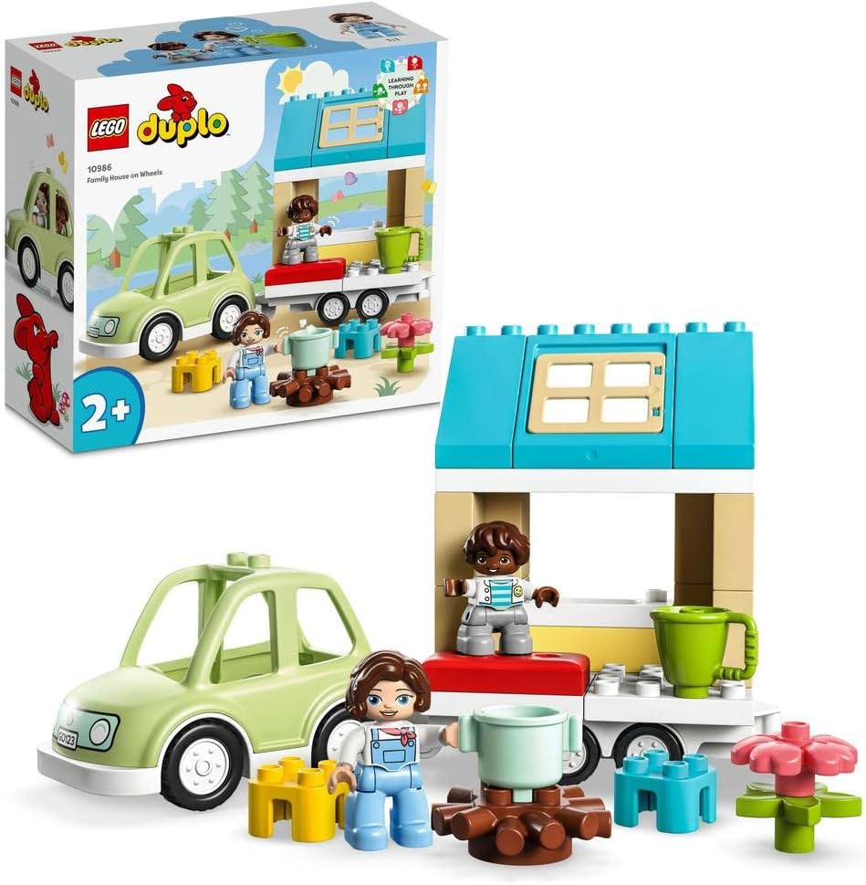 LEGO 10986 DUPLO Family House on Wheels with Toy Car for Toddlers 2 Plus Year Old Boys and Girls, Preschool Learning Toys, Large Bricks Camping Set