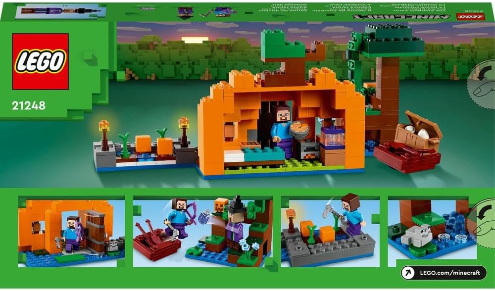 LEGO 21248 Minecraft The Pumpkin Farm Set, Buildable House Toy with a Frog, Boat, Treasure Chest plus Steve and Witch Figures, Swamp Biome Action Toys, Gift for Kids, Boys, Girls