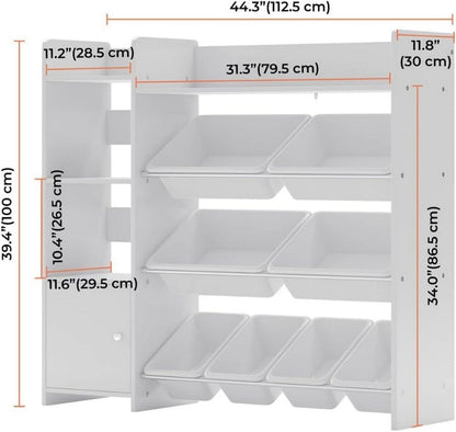 Homesmiths Kids' Toy Storage Organizer with Shelf and 8 White Bins – Perfect for Organized Playrooms (D30cm x W112.52cm x H100cm)