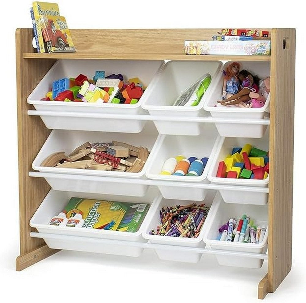 Homesmiths Natural Wood and White Toy Organizer with Shelf and 9 Storage Bins – Ideal for Home, Play Schools, and Kindergarten (D39.37cm x W86.36cm x H78.74cm)