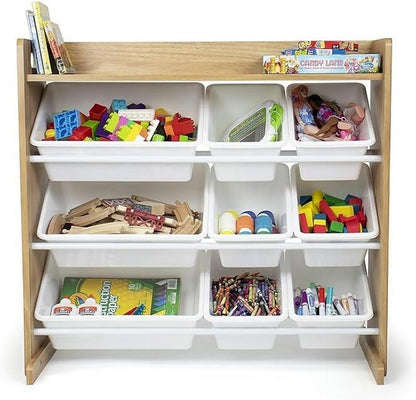 Homesmiths Natural Wood and White Toy Organizer with Shelf and 9 Storage Bins – Ideal for Home, Play Schools, and Kindergarten (D39.37cm x W86.36cm x H78.74cm)