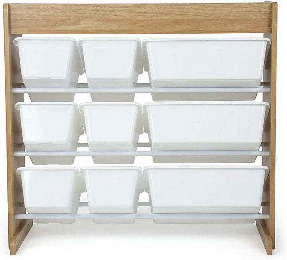 Homesmiths Natural Wood and White Toy Organizer with Shelf and 9 Storage Bins – Ideal for Home, Play Schools, and Kindergarten (D39.37cm x W86.36cm x H78.74cm)