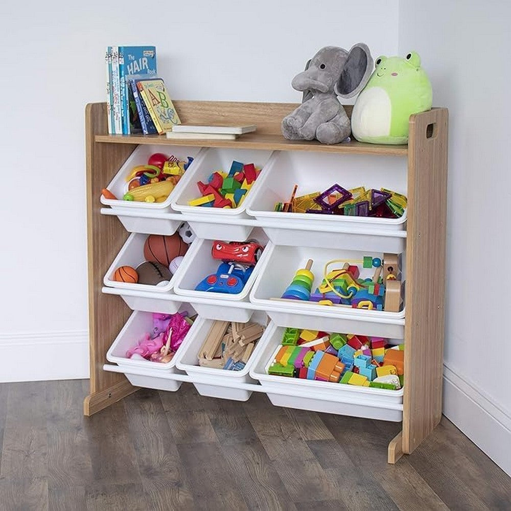 Homesmiths Natural Wood and White Toy Organizer with Shelf and 9 Storage Bins – Ideal for Home, Play Schools, and Kindergarten (D39.37cm x W86.36cm x H78.74cm)