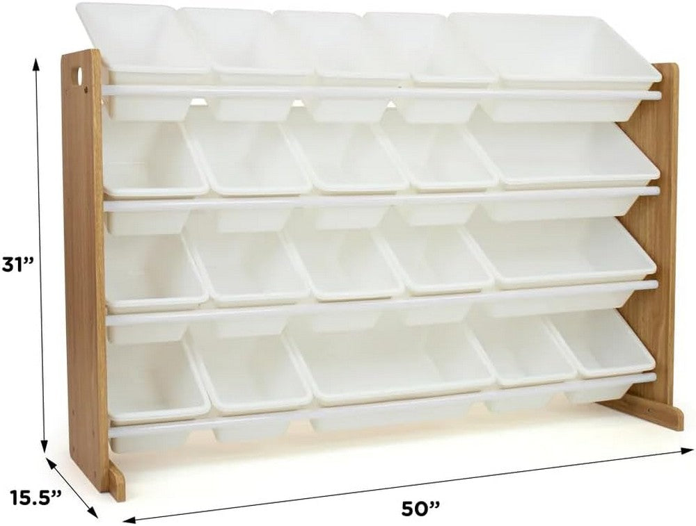 Homesmiths Extra-Large Toy Organizer in Natural Wood and White with 16 Storage Bins – Perfect for Home, Play Schools, and Kindergarten (D39.37cm x W106.68cm x H88.9cm)