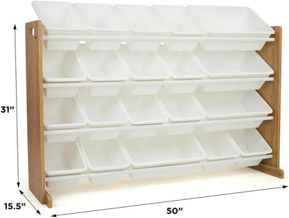 Homesmiths Extra-Large Toy Organizer in Natural Wood and White with 16 Storage Bins – Perfect for Home, Play Schools, and Kindergarten (D39.37cm x W106.68cm x H88.9cm)