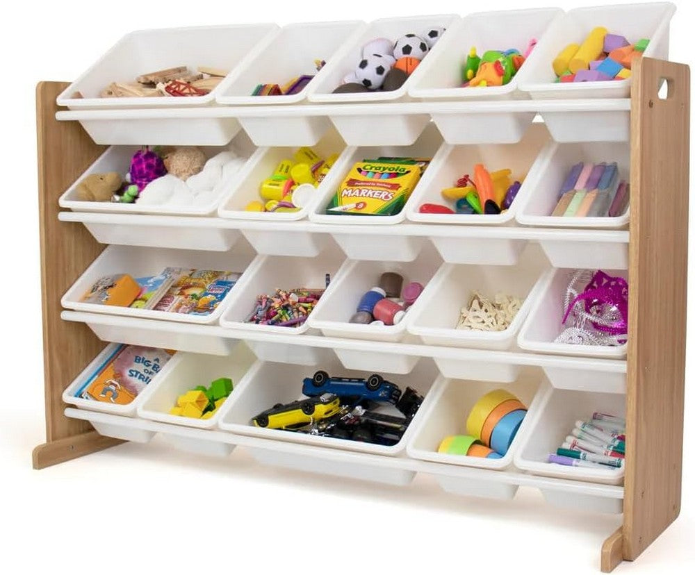 Homesmiths Extra-Large Toy Organizer in Natural Wood and White with 16 Storage Bins – Perfect for Home, Play Schools, and Kindergarten (D39.37cm x W106.68cm x H88.9cm)