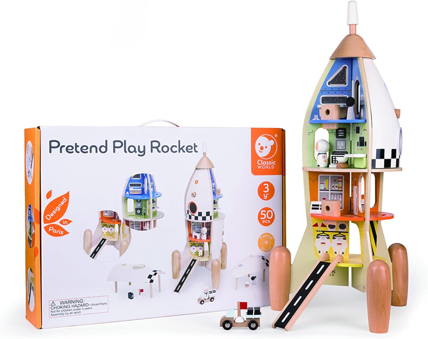 Classic World Wooden Rocket Ship - Wooden Space Toy - Building Set - Wooden Activity Toy - Includes Little Astronaut Figurines - Ideal Christmas Stocking Filler - Suitable for 3+ Years Old