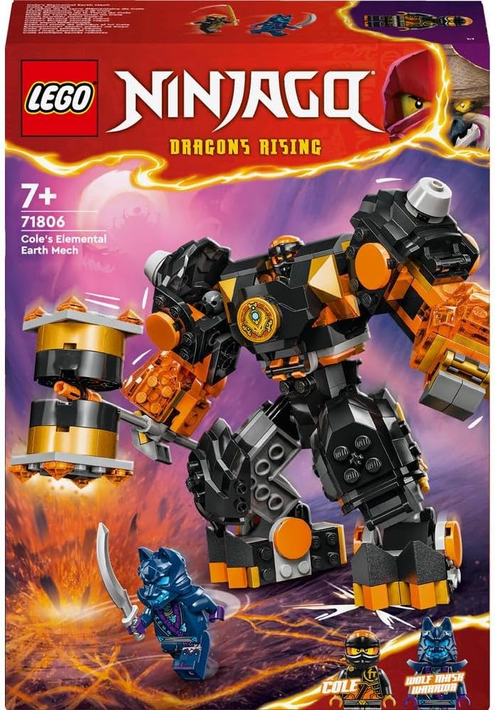 LEGO NINJAGO Cole’s Elemental Earth Mech, Action Figure Toy, Dragons Rising Building Set with Ninja Character Cole Minifigure, Gift for 7 Plus Year Old Boys, Girls & Kids 71806