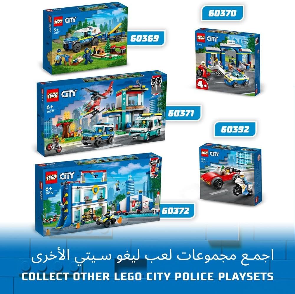 LEGO 60370 City Police Station Chase Playset with Car Toy and Motorbike, Breakout Jail, 4 Minifigures and Dog Figure, Toys for Kids, Boys & Girls 4 Plus Years Old