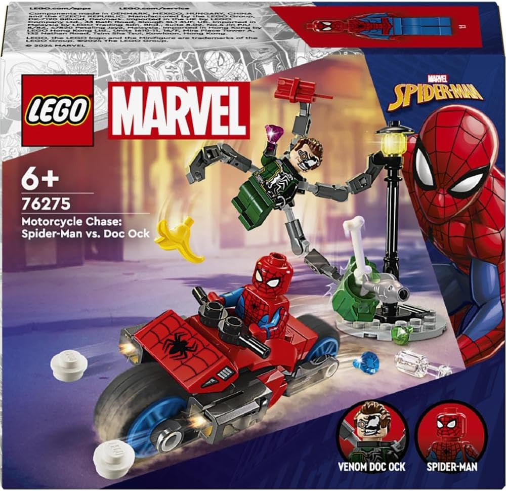 LEGO® Marvel Motorcycle Chase: Spider-Man vs. Doc Ock 76275 Building Blocks Toy Car Set; Superhero Toys for Boys, Girls, and Kids (77 Pieces)