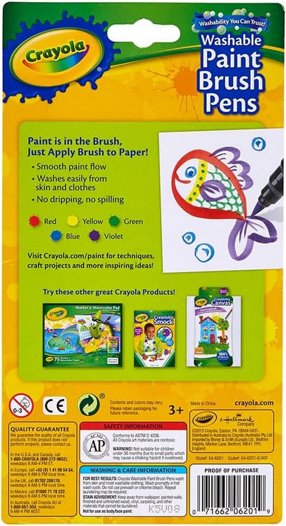 Crayola Washable No Drip Paint Brush Pens, Vibrant Colors, Kids Art Supplies, Durable, Ideal for Painting, Creative Projects, Quick Drying, 5-Count