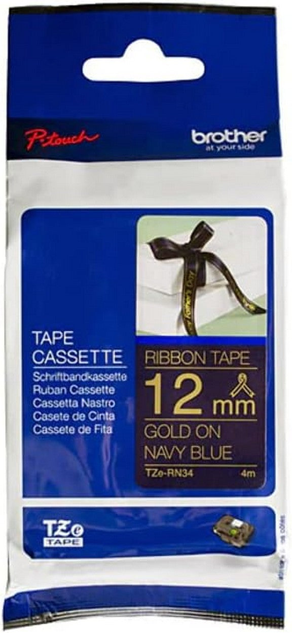 Brother Satin Ribbon TZE-RN34 – 12mm Gold on Navy Blue, 4m Length, Premium Satin Label Tape for P-Touch Label Makers