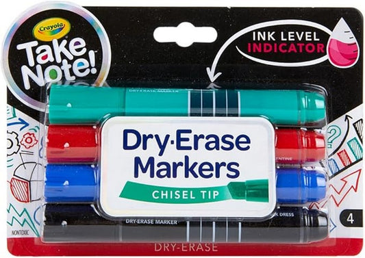 Crayola 4-Count Take Note! Broad Line Dry-Erase Markers - Vibrant Colors, Erasable Ink, Ideal for Whiteboards,  Creative Supplies, School Supplies