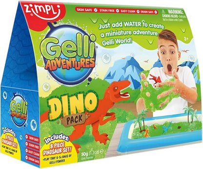 Gelli Baff Zimpli Kids Gelli World Dino Pack with 8 Piece Dinosaur set, Play Tray, Gelly Powder, Transform Water into Gelly Fun, Dinosaur-Themed Play, Safe, Mess-Free Creative Play