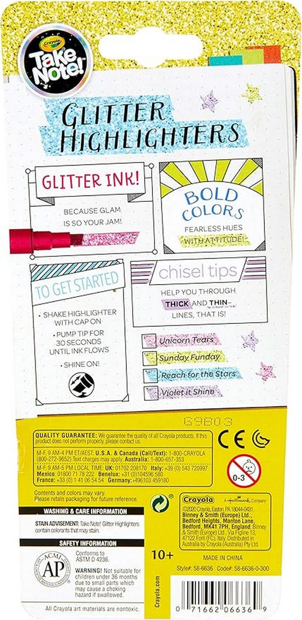 Crayola Glitter Highlighters Pack of 4 - Vibrant Colors, Glitter Effect, Ideal for School, Art Projects, Highlighting, Creative Supplies