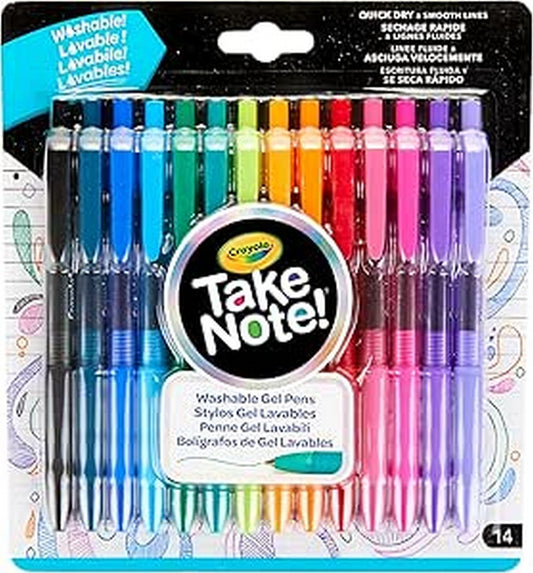 Crayola Take Note! Washable Gel Pens, Pack of 14 - Vibrant Colors, Smooth Writing, Ideal for School, Art Projects, Creative Supplies, Long-Lasting, Washable Ink