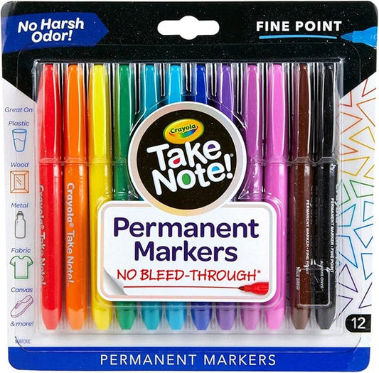 Crayola Take Note Permanent Marker, Fine Point, Applicable to write on Plastic, Wood, Metal, Fabric, Canvas and More, Pack of 12