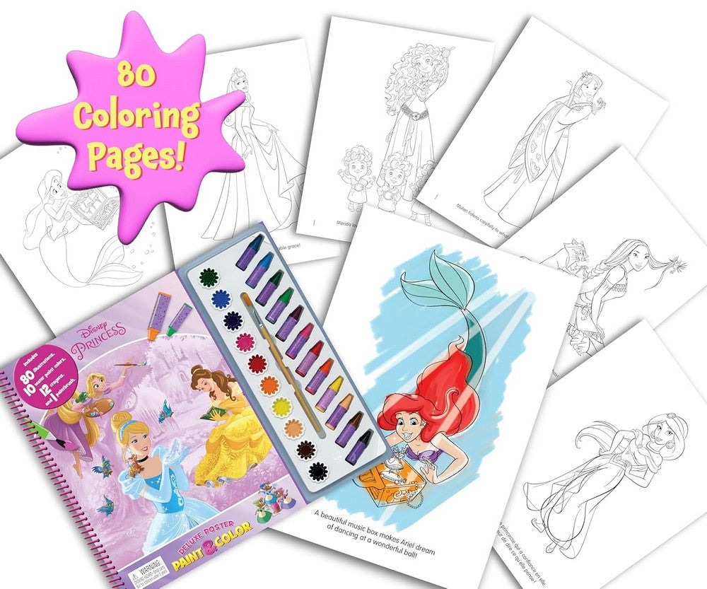 Hi5 Disney Princess Deluxe Poster Paint & Color Set with 80 Illustrations 10 Water Color Paints, 12 Crayons, and 1 Paint Brush Creative Art Kit for Kids, Ideal for Ages 3+