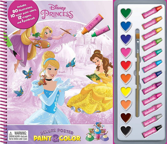 Hi5 Disney Princess Deluxe Poster Paint & Color Set with 80 Illustrations 10 Water Color Paints, 12 Crayons, and 1 Paint Brush Creative Art Kit for Kids, Ideal for Ages 3+