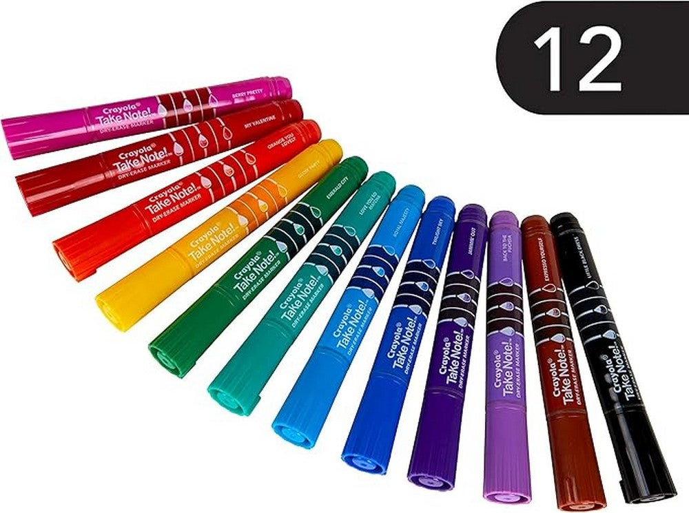 Crayola Take Note! Broad Line Dry Erase Markers with Chisel tips - Vibrant Colors, Ideal for Whiteboards, Erasable Ink, Creative Supplies, School Supplies, Pack of 12