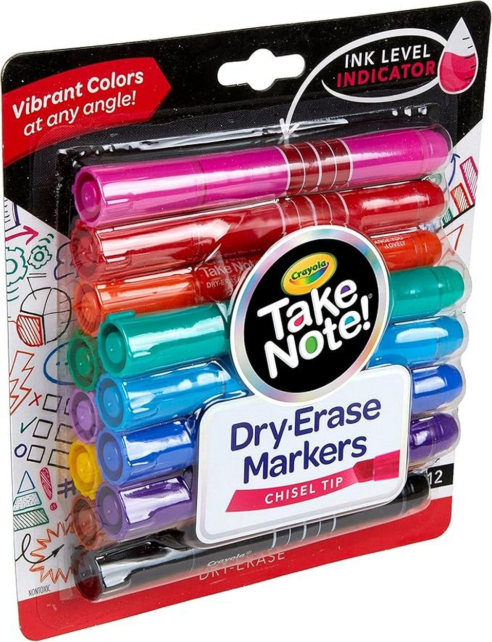 Crayola Take Note! Broad Line Dry Erase Markers with Chisel tips - Vibrant Colors, Ideal for Whiteboards, Erasable Ink, Creative Supplies, School Supplies, Pack of 12