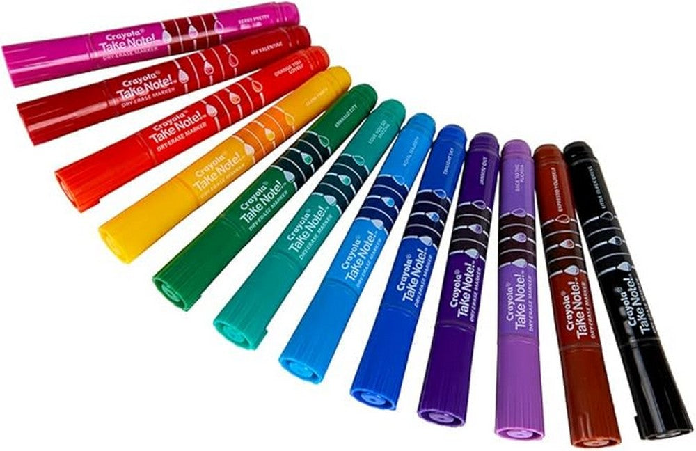 Crayola Take Note! Broad Line Dry Erase Markers with Chisel tips - Vibrant Colors, Ideal for Whiteboards, Erasable Ink, Creative Supplies, School Supplies, Pack of 12