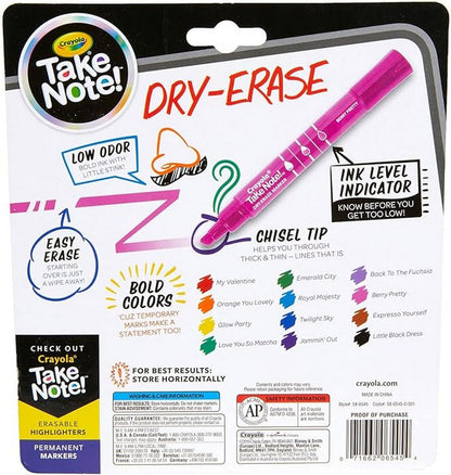 Crayola Take Note! Broad Line Dry Erase Markers with Chisel tips - Vibrant Colors, Ideal for Whiteboards, Erasable Ink, Creative Supplies, School Supplies, Pack of 12