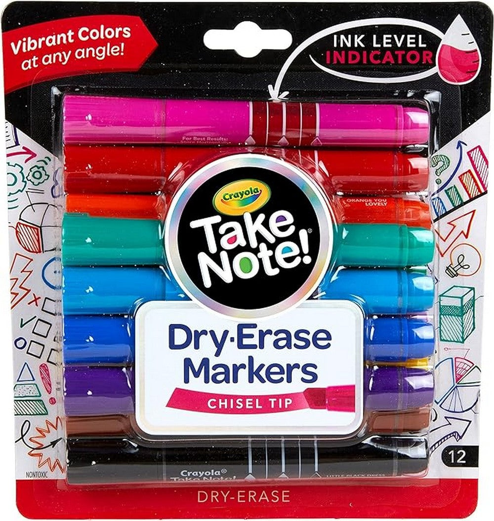 Crayola Take Note! Broad Line Dry Erase Markers with Chisel tips - Vibrant Colors, Ideal for Whiteboards, Erasable Ink, Creative Supplies, School Supplies, Pack of 12