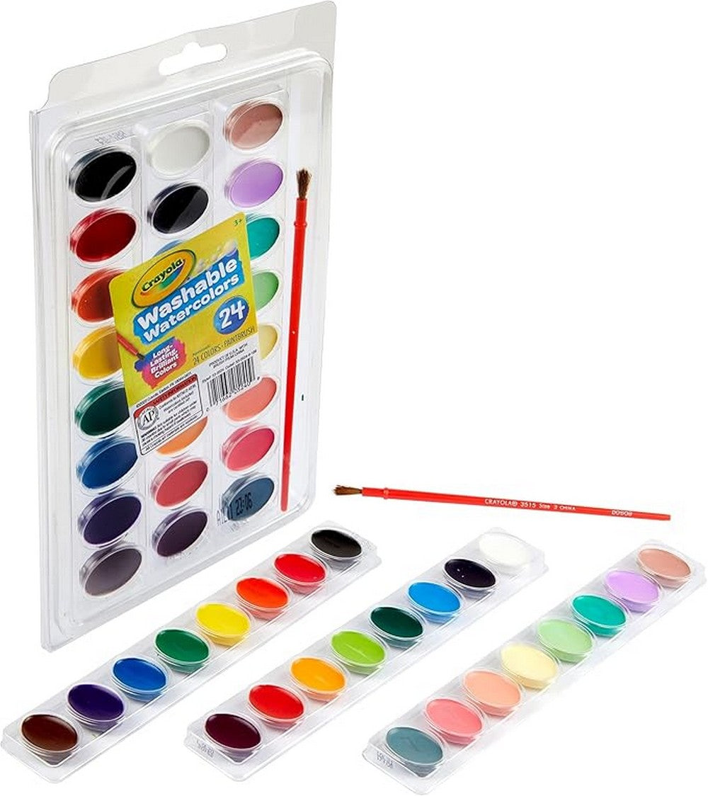 Crayola 24-Piece Washable Watercolors with Brush - Vibrant Colors, Ideal for Kids, Art Projects, Creative Supplies