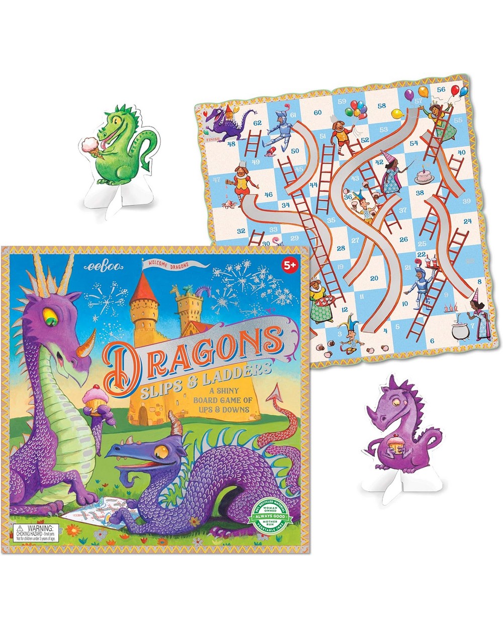 eeBoo Dragons Slips & Ladders Board Game – Fun Family Game, Kids' Educational Game, Dragon-Themed, 2-4 Players