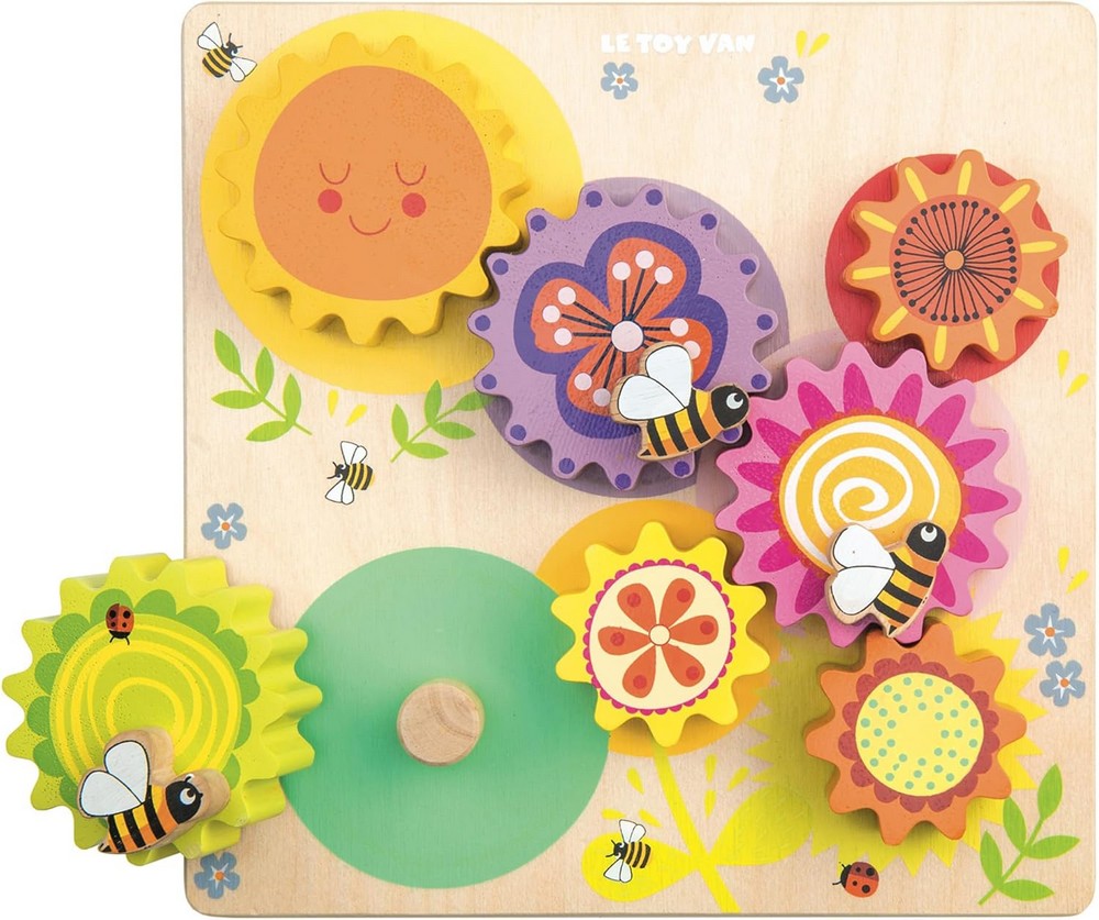 Le Toy Van Meadow Bees Gear & Cogs Set - 8-Piece Wooden Gear Toy for Kids, Interactive Play, Creative Construction, Gear Mechanism Play, Montessori Toy