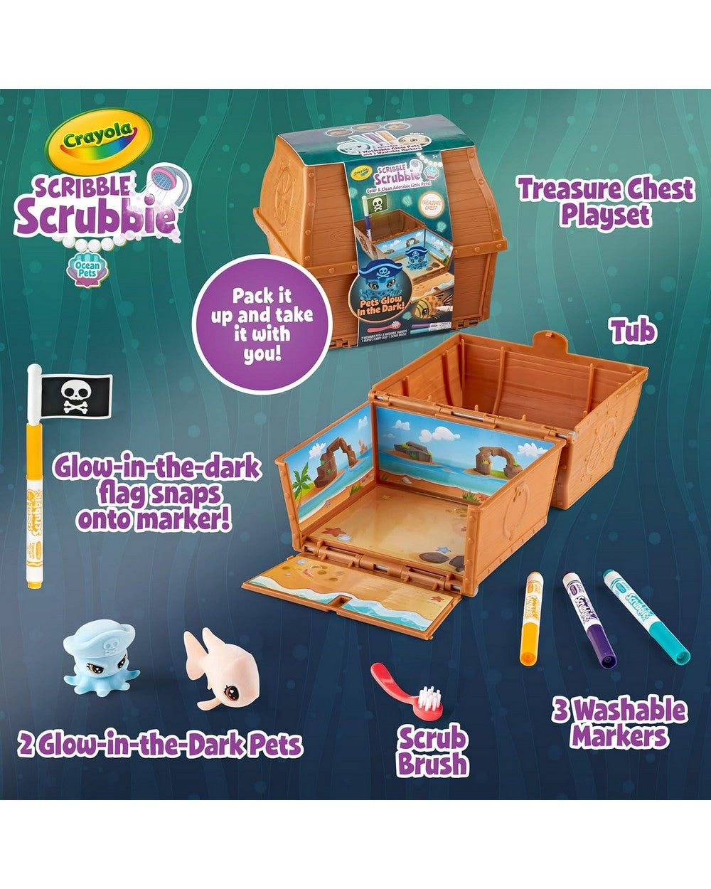 Crayola Scribble Scrubbie Glow Ocean Treasure Chest – Washable Toy Set for Kids, Color and Customize Ocean Creatures & Treasure Chest