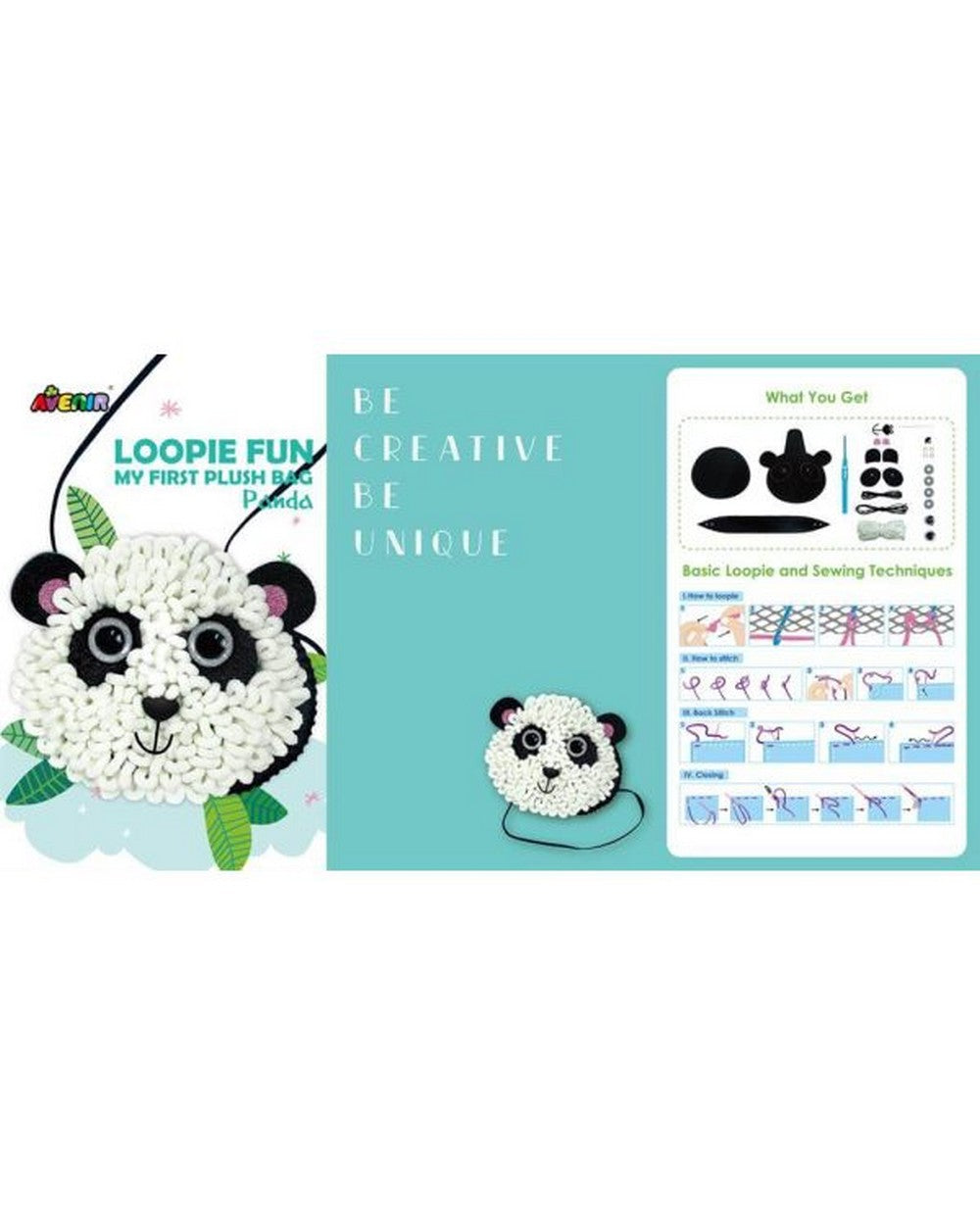 Avenir Loopie Fun My First Plush Bag Panda – DIY Plush Craft Kit for Kids, Adorable Panda Shaped Bag, Ideal for Beginners and Creative Play