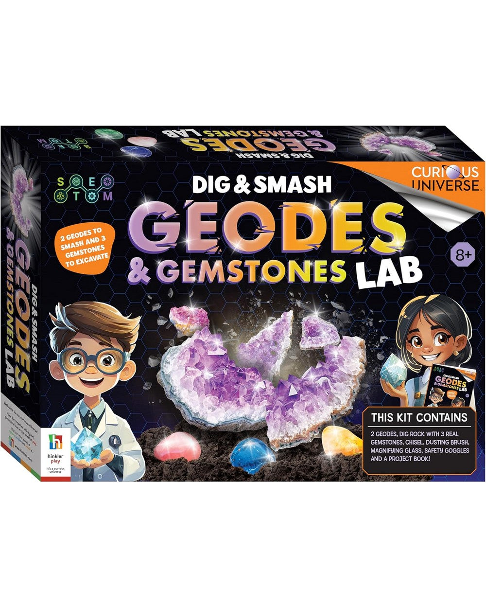 Hinkler Curious Universe Dig & Smash Geodes Kit - Geode Excavation Set, Crystal Discovery Activity, STEM Science Fun, Educational Kit for Kids