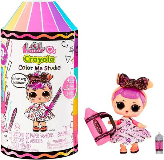 Crayola LOL Color Me Studio with 4 Crayons, Dolls, Paper Dresses for Kids, Art Studio Playset in Crayon Capsule Packaging