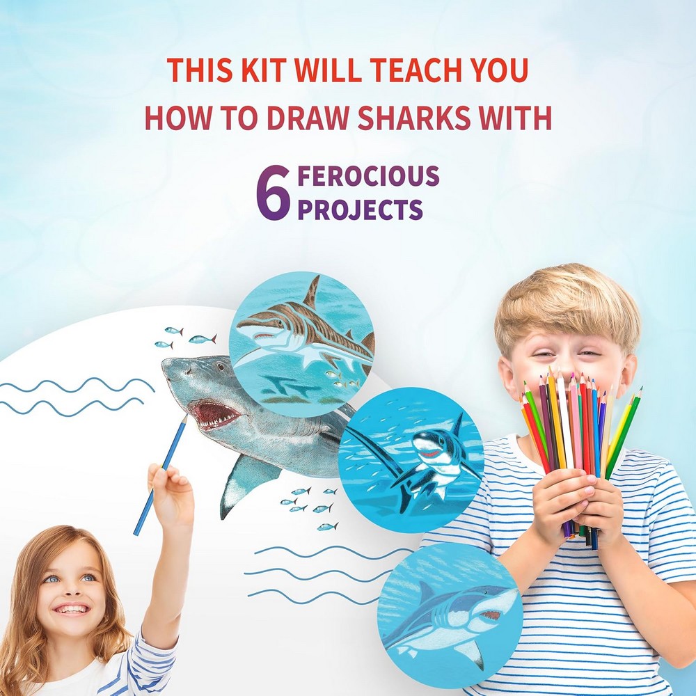 SpiceBox Learn & Draw Sharks – Kids Educational Drawing & Art Kit