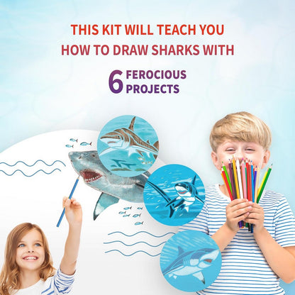 SpiceBox Learn & Draw Sharks – Kids Educational Drawing & Art Kit