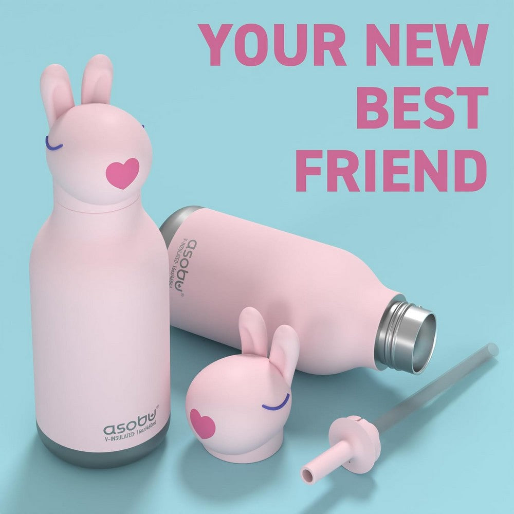 Asobu Bunny Bestie Bottle 16oz – Cute & Durable Stainless Steel Water Bottle for Kids, Leak-Proof, Easy to Carry, Perfect for School & Daily Use