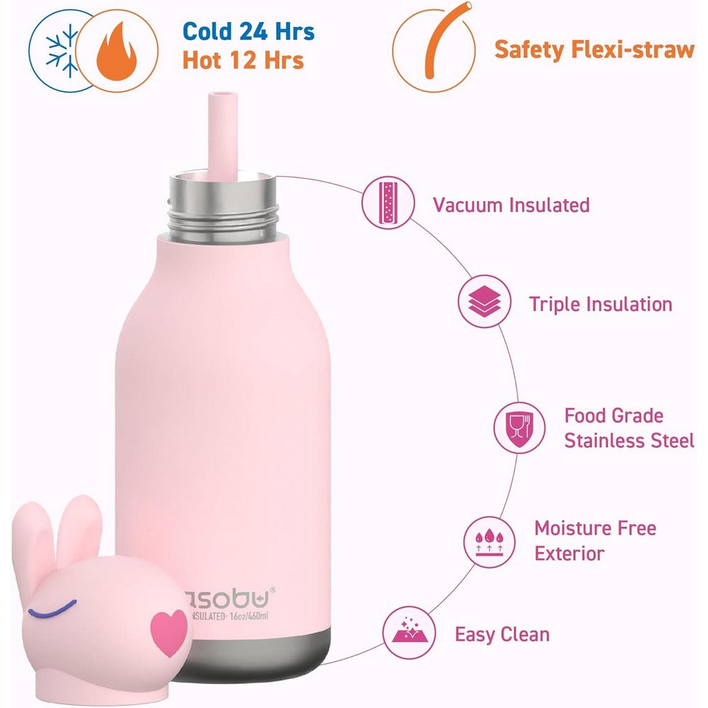 Asobu Bunny Bestie Bottle 16oz – Cute & Durable Stainless Steel Water Bottle for Kids, Leak-Proof, Easy to Carry, Perfect for School & Daily Use