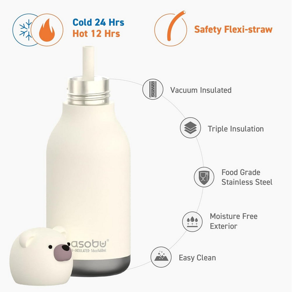 Asobu Bear Bestie Bottle 16oz – Stainless Steel Kids Water Bottle, Cute Bear Design, Leak-Proof, Easy to Carry, Ideal for School, Travel & Everyday Use