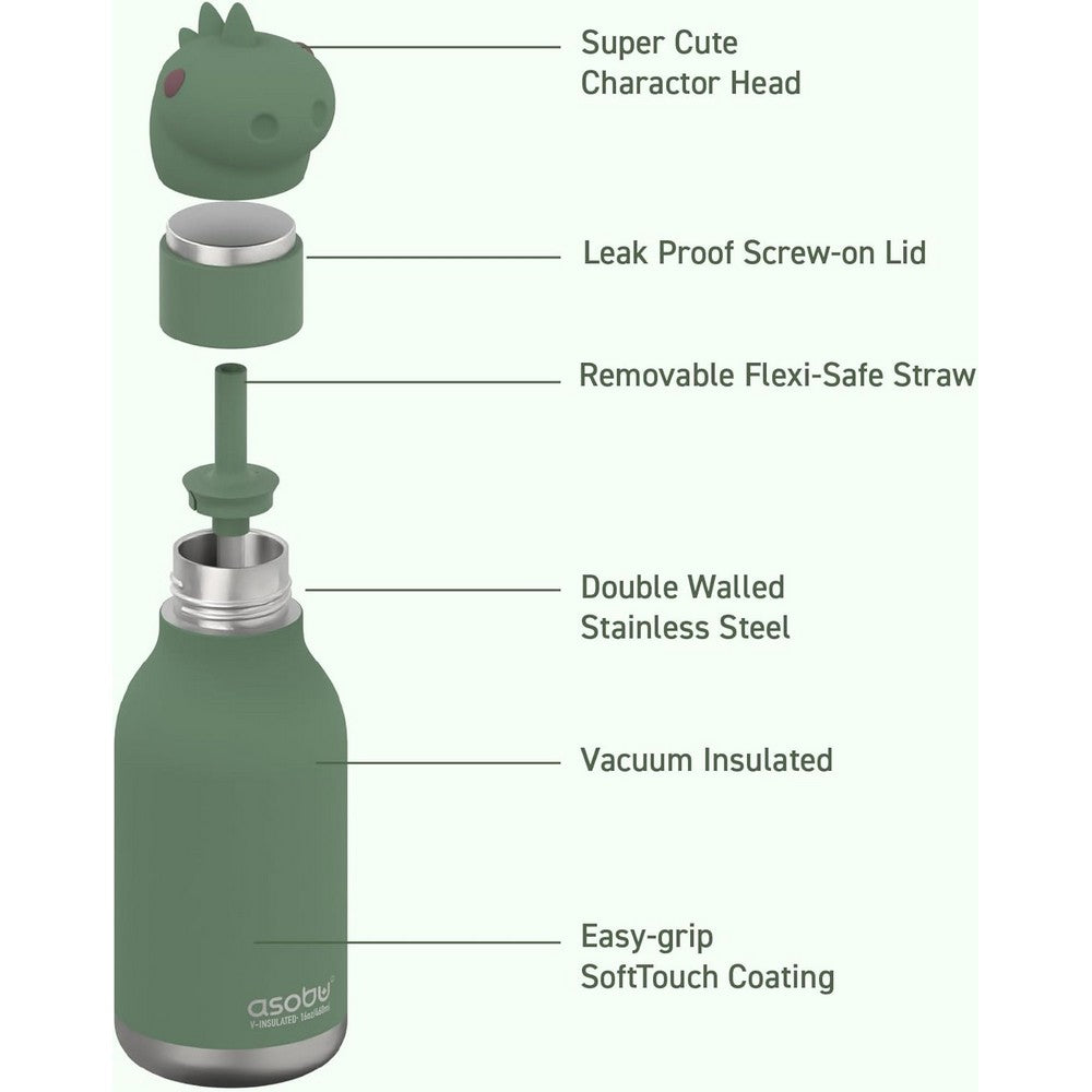 Asobu Dinosaur Bestie Bottle 16oz – Stainless Steel Kids Water Bottle, Fun Dino Design, Leak-Proof, Easy to Carry, Perfect for School, Travel & Everyday Use