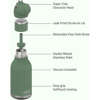 Asobu Dinosaur Bestie Bottle 16oz – Stainless Steel Kids Water Bottle, Fun Dino Design, Leak-Proof, Easy to Carry, Perfect for School, Travel & Everyday Use