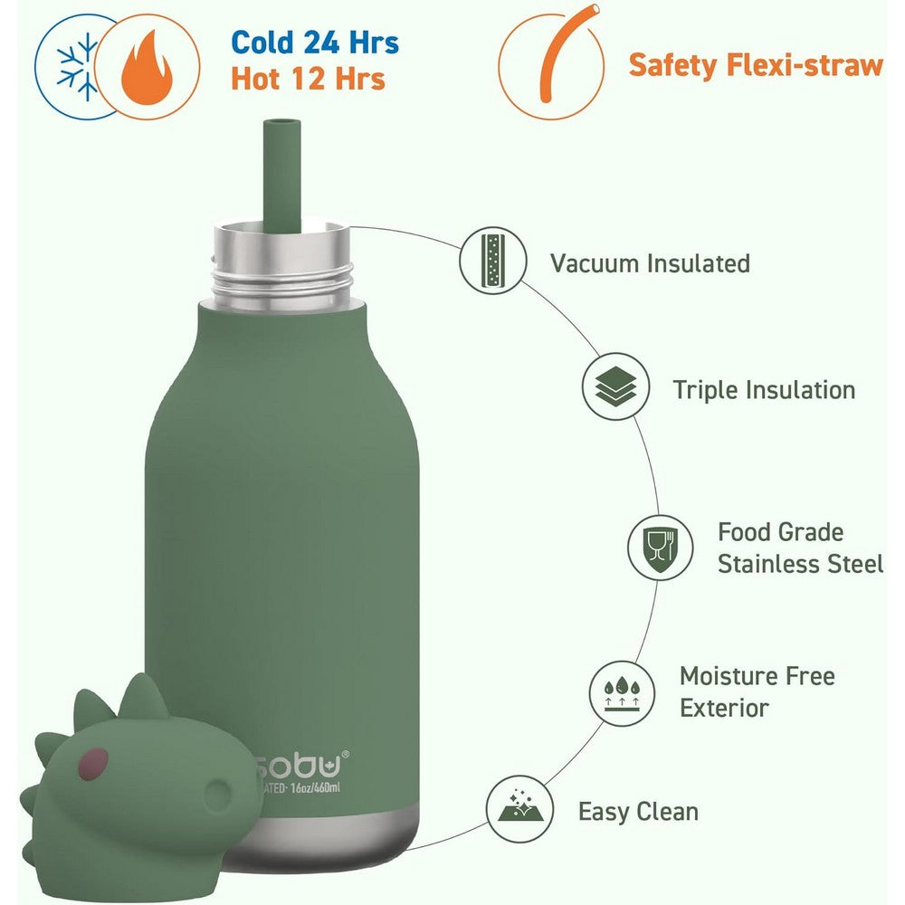 Asobu Dinosaur Bestie Bottle 16oz – Stainless Steel Kids Water Bottle, Fun Dino Design, Leak-Proof, Easy to Carry, Perfect for School, Travel & Everyday Use