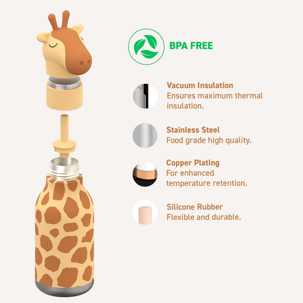 Asobu Giraffe Bestie Bottle 16oz – Stainless Steel Kids Water Bottle, Cute Giraffe Design, Leak-Proof, Easy to Carry, Ideal for School, Travel & Daily Use